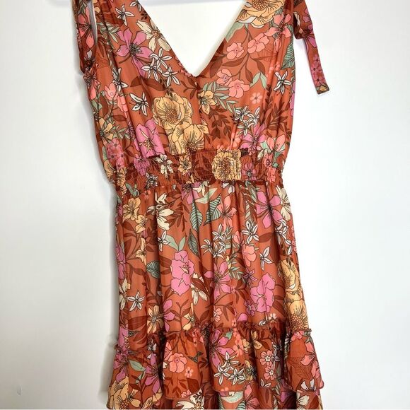 Altar’d State Floral Tiered Ruffle Tie Strap Dress Medium Orange - Picture 8 of 10